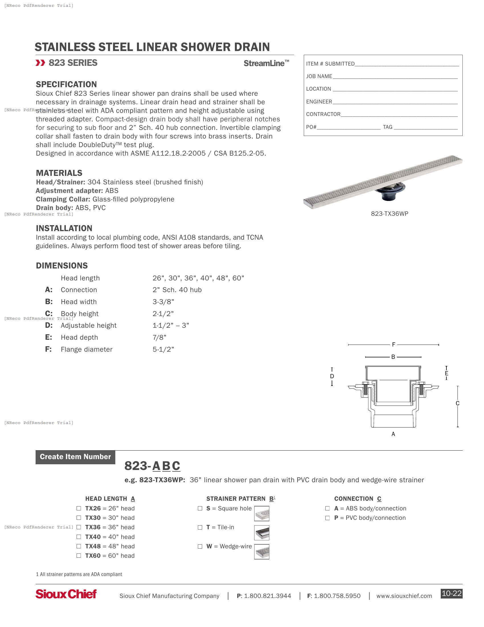 823 SERIES - STREAMLINE STAINLESS STEEL LINEAR SHOWER DRAIN - SPEC SHEET.PDF Specification Document